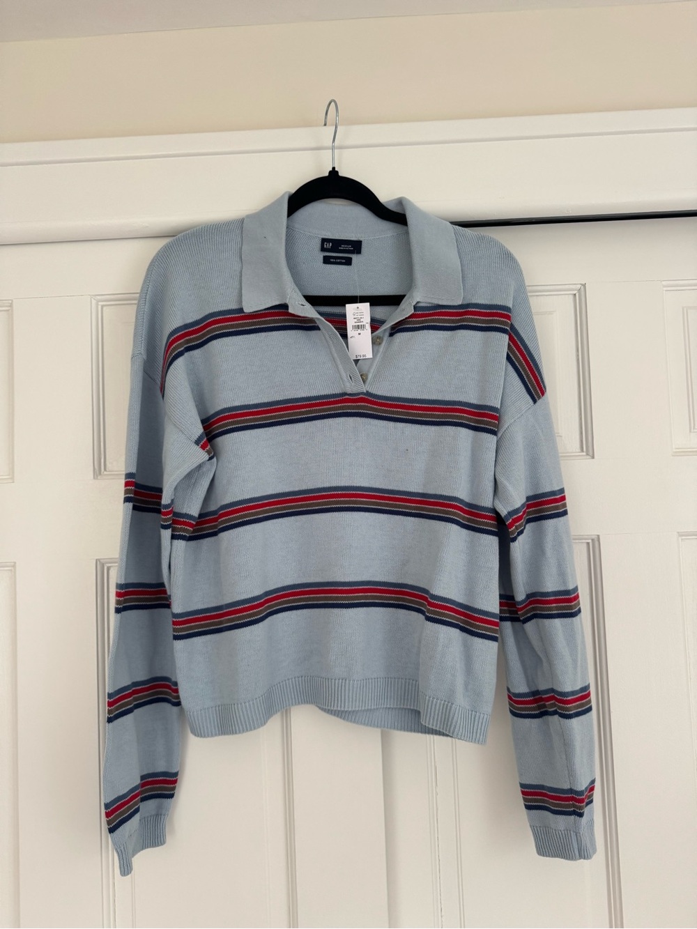 GAP Light Blue V-Neck Polo Sweater with Red & Navy Stripes